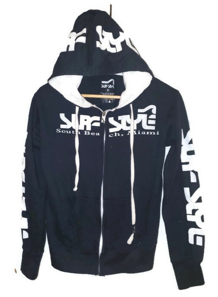 Surf Style Unisex Zip Up Hoodie Sweatshirt Navy Blue & White Size Medium - Picture 2 of 6